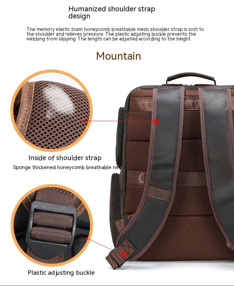 Dark brown leather backpack for men with 17-inch laptop compartment and multiple internal organisers