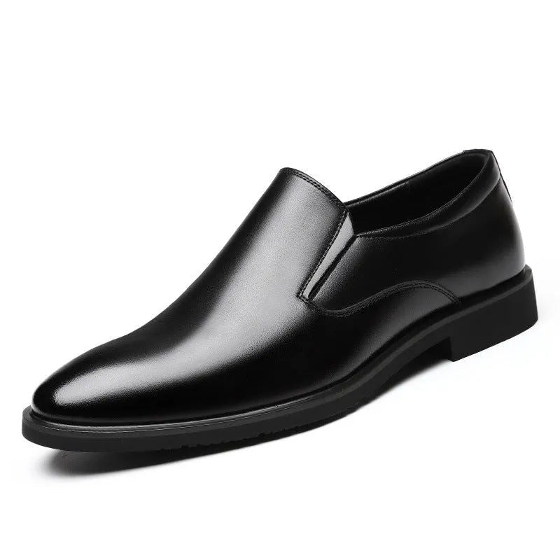 Men's black leather slip-on loafers with a rubber sole and leather toe cap on a white background.