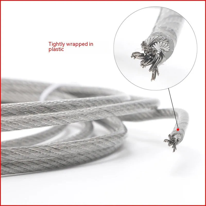 304 stainless steel coated security wire rope on a reel, showing its multi-strand construction and available thickness options.