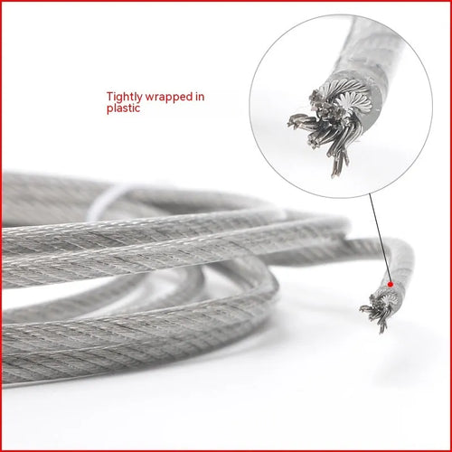 304 stainless steel coated security wire rope on a reel, showing its multi-strand construction and available thickness options.