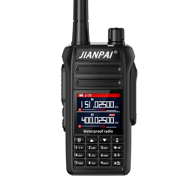 Black Interphone waterproof aviation headset with antenna, battery, charger, cable, and accessories on a table