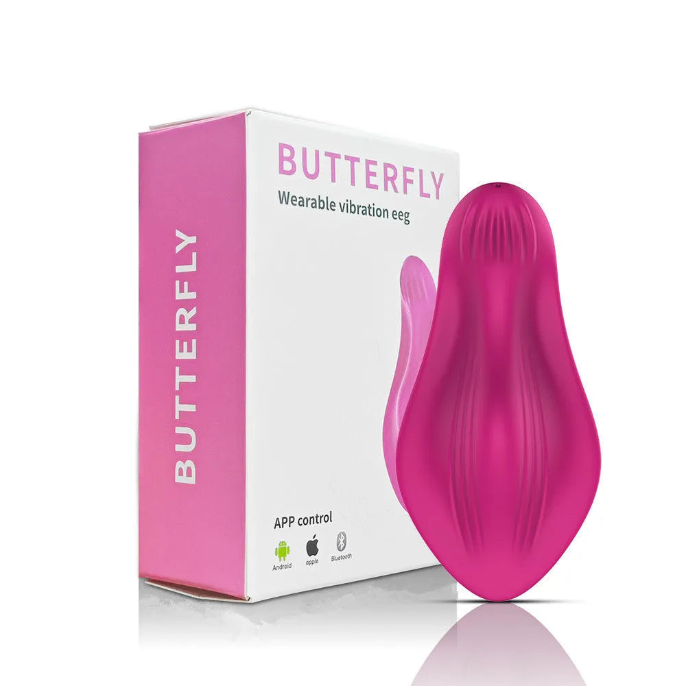 Rose red silicone butterfly vibrator with USB charging port and smartphone APP remote control