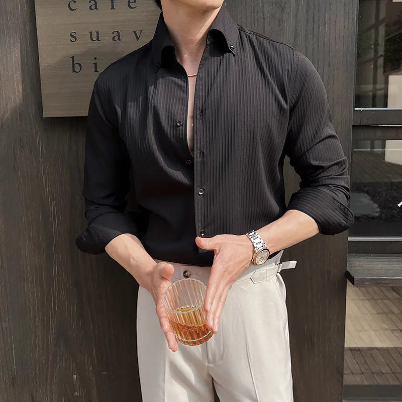 Men's dark stripes V-neck long sleeve cardigan shirt in chemical fibre blend fabric
