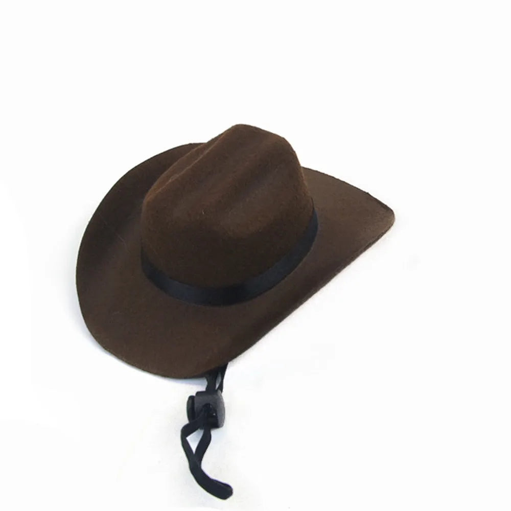 Adjustable dog wearing brown cowboy hat with rounded brim for pet photography