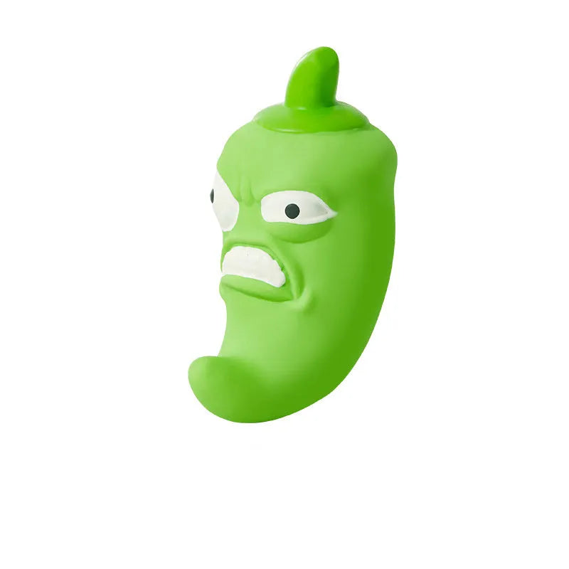 Bitter gourd and chilli shaped dog chew toys with textured surfaces for grinding teeth.