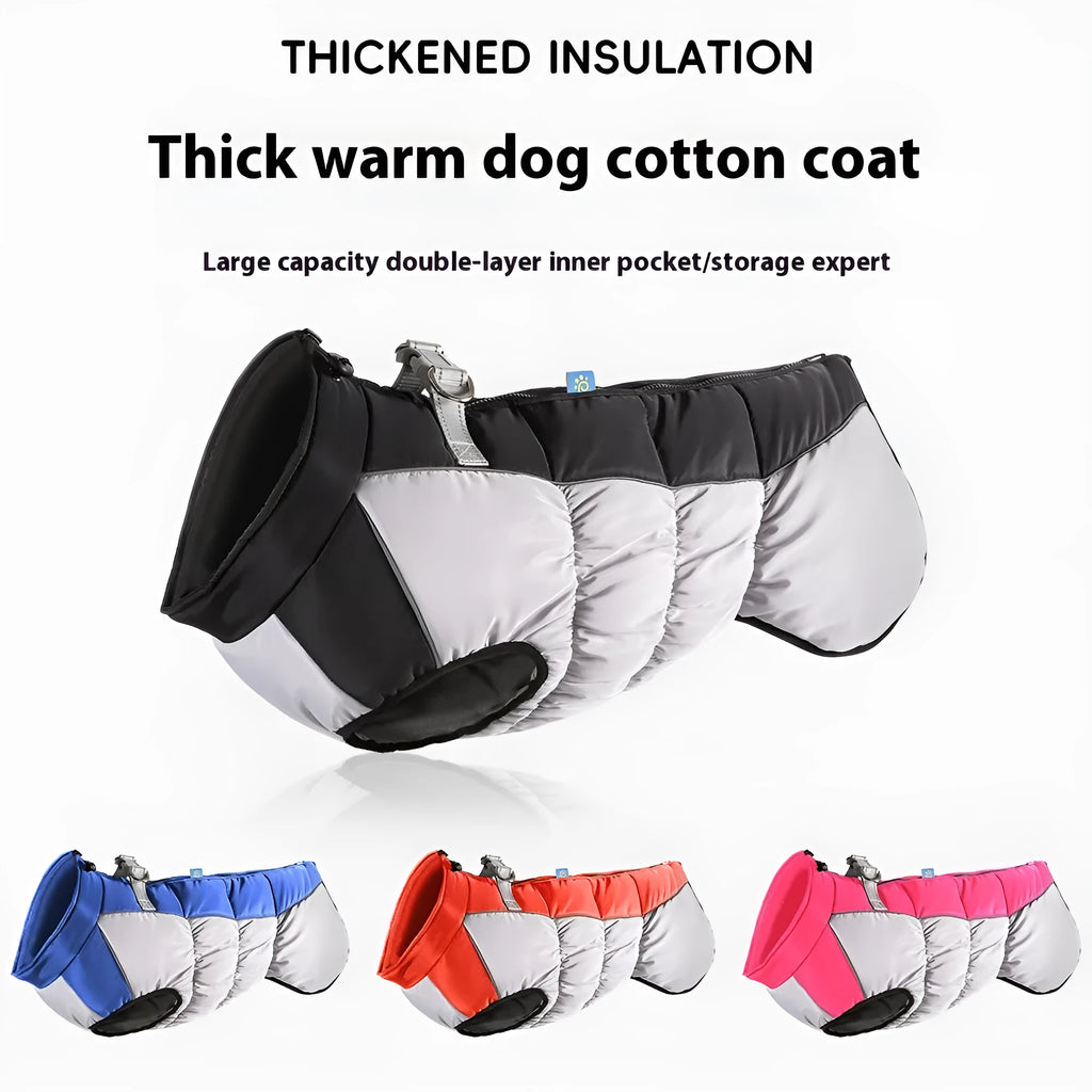 Large dog wearing a waterproof winter coat with reflective strips and polar fleece lining