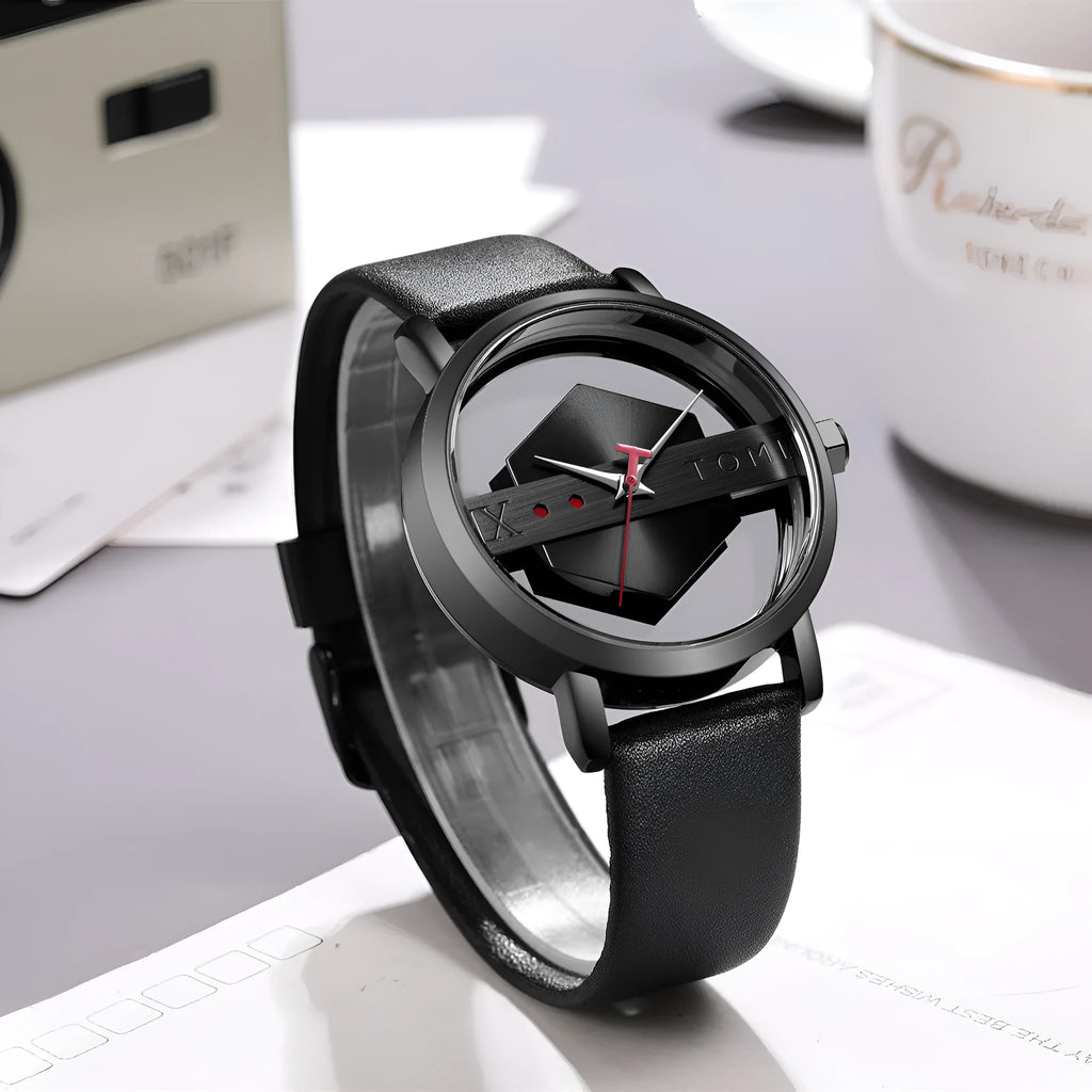 Hollow out see-through unisex leather casual quartz watch with brown gold surface and slim 10mm case