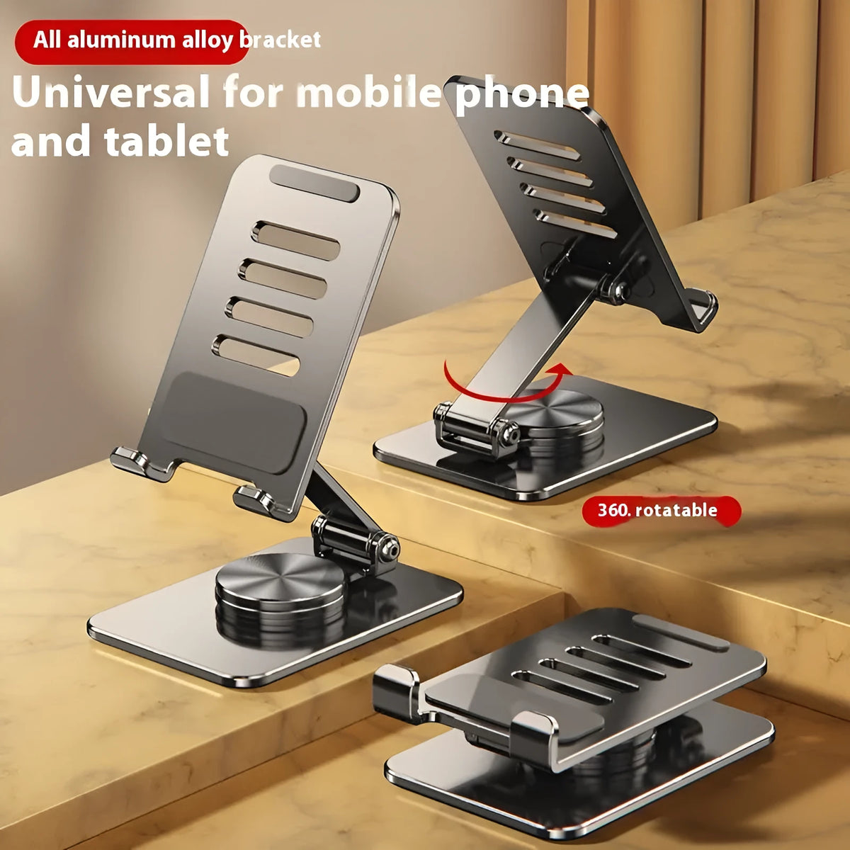 Rotatable folding mobile desktop stand in black on desk holding smartphone