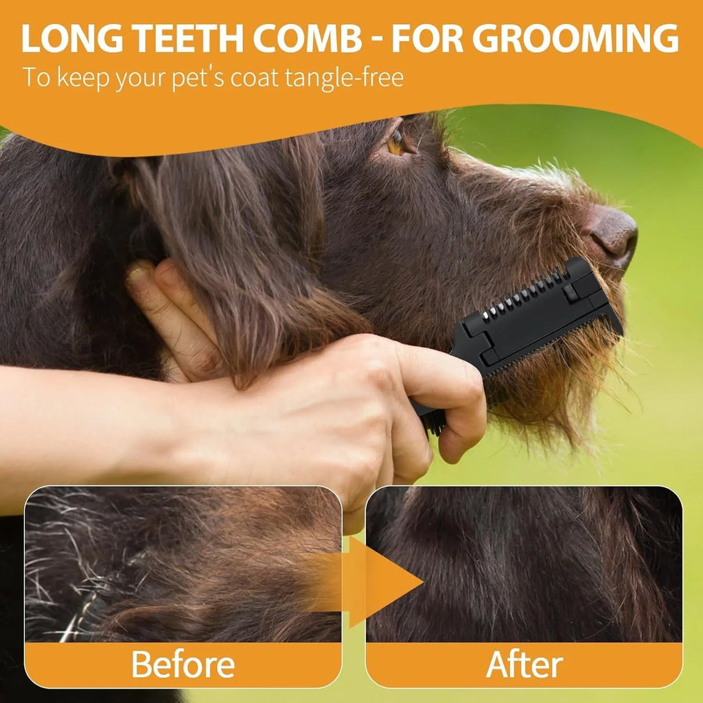 Stainless steel pet razor comb with detangling teeth and trimming blade, shown with spare blades.