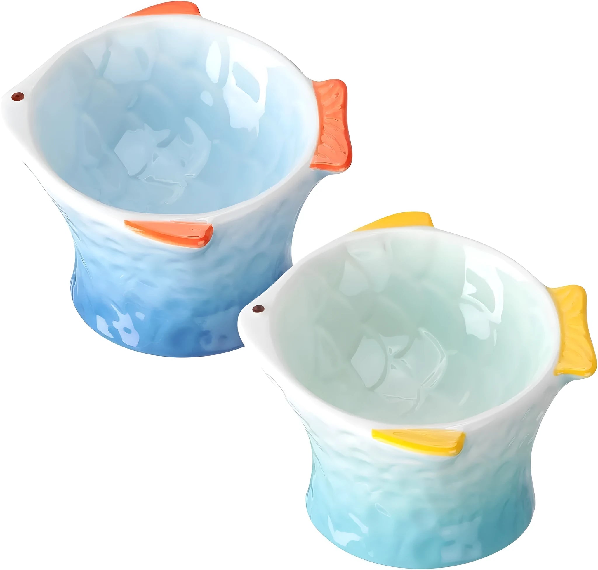Set of four blue fish-shaped ceramic cat bowls with tilted, elevated design on a table.