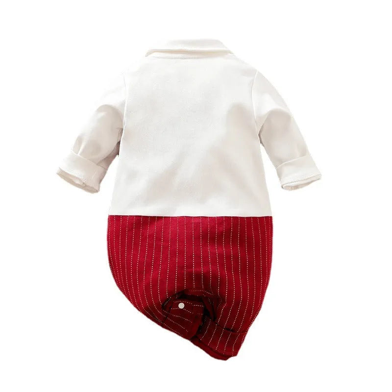 Wine red cotton baby boy romper suit with long sleeves for autumn.