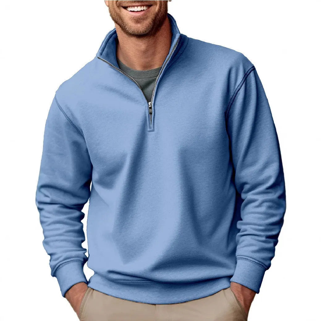 Men's purple casual zipper velvet stand collar solid colour long sleeve pullover sweater with front patch pocket