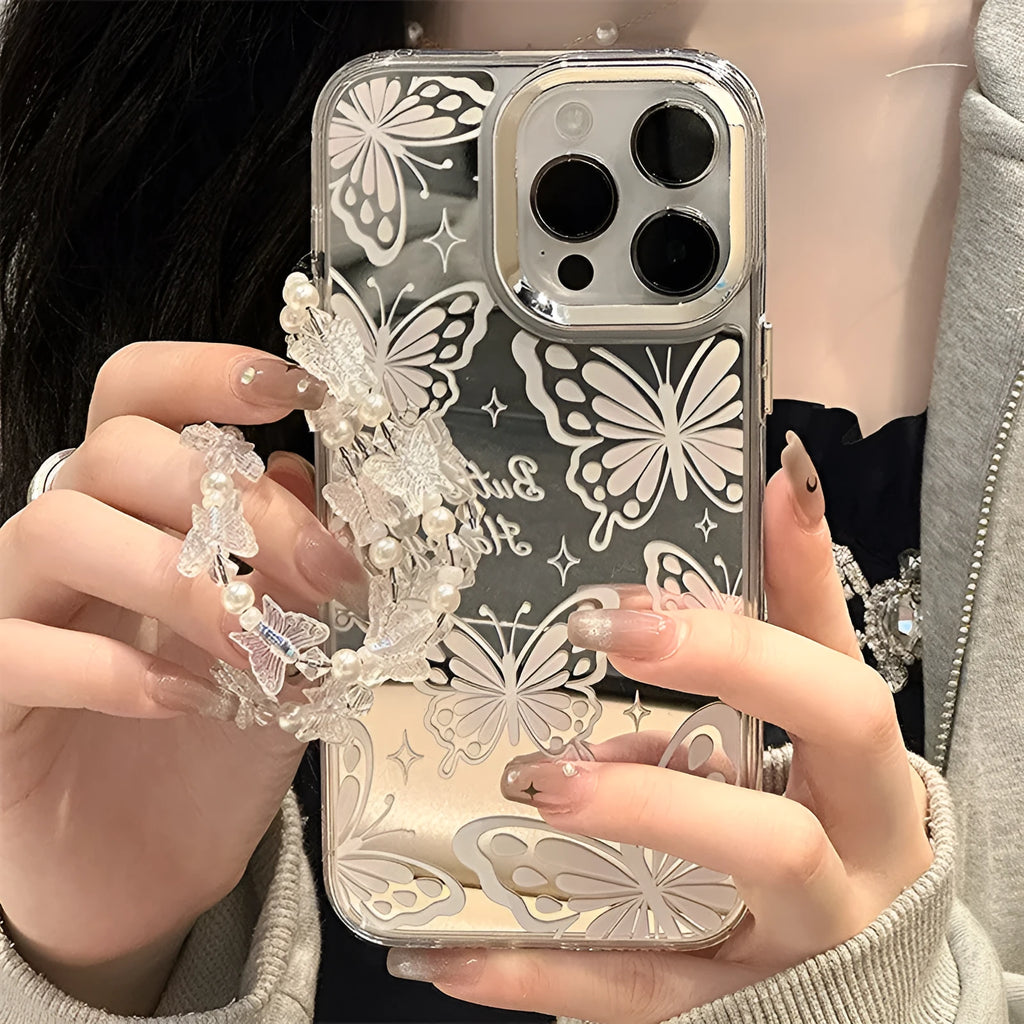Clear iPhone 15 Pro Max case with 3-in-1 mirror and bow decoration on transparent TPU