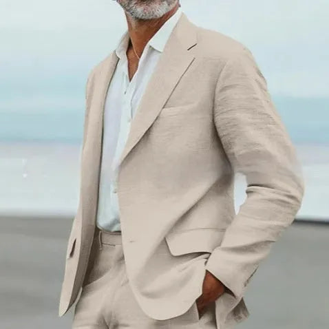 Men's beige linen blend two-piece suit with slim fit tailoring for light business wear