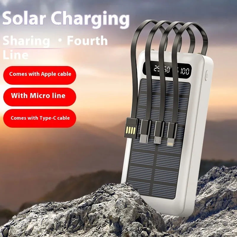 Black, white, and green solar power bank with 30000 mAh capacity and charging cable