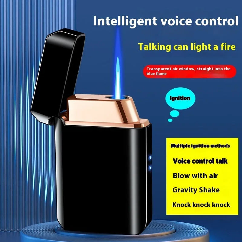 Voice-controlled blow-and-blow ignition torch lighter with metal body and wind-resistant flame in Black Ice finish