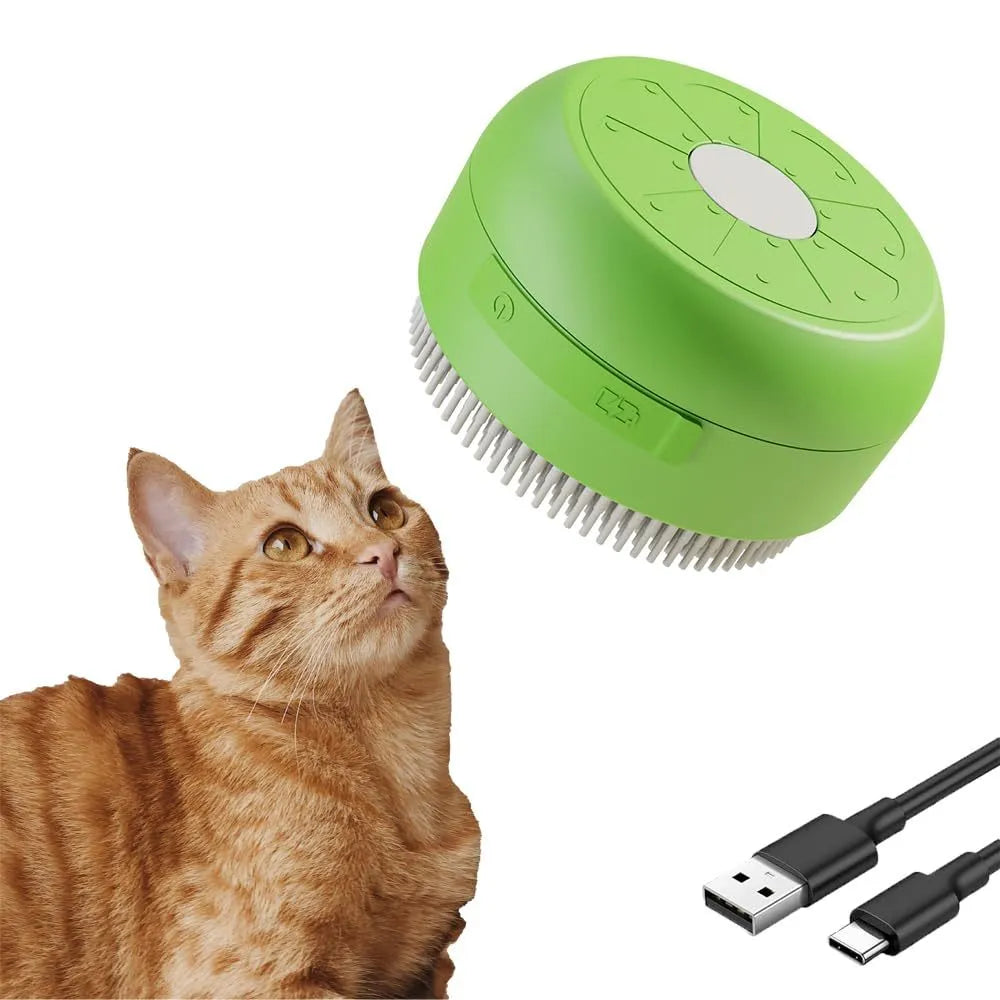 Green and yellow rechargeable silicone cat steam brush for grooming, shown with ergonomic handle.