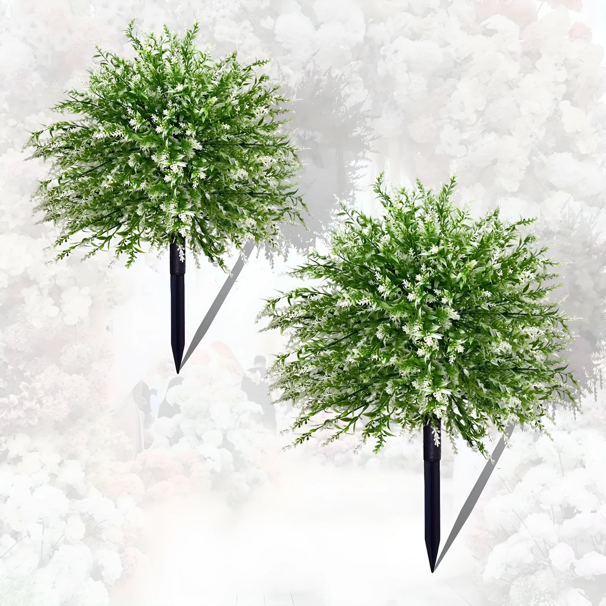 White plastic artificial lavender stem on a table, used as a decorative accent