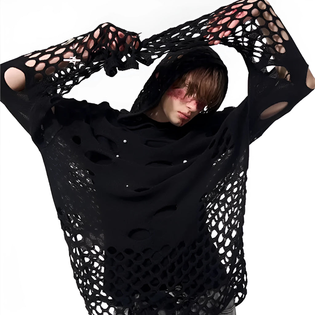 Black men's loose hoodie with pearl bead trim detail on the front of the hood.
