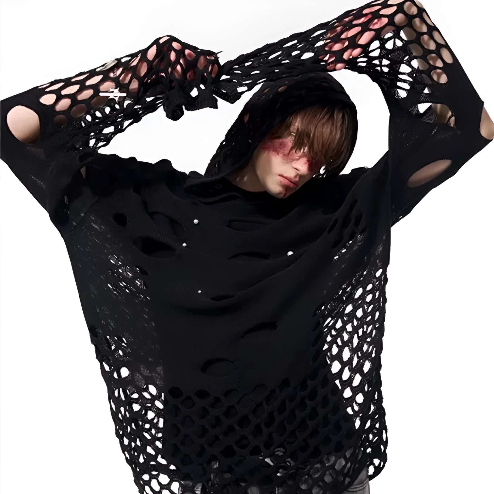 Black men's loose hoodie with pearl bead trim detail on the front of the hood.