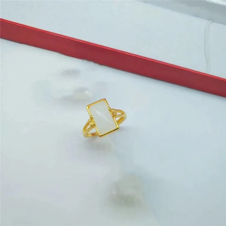 Adjustable gold-plated brass ring with artificial gemstone in national style design