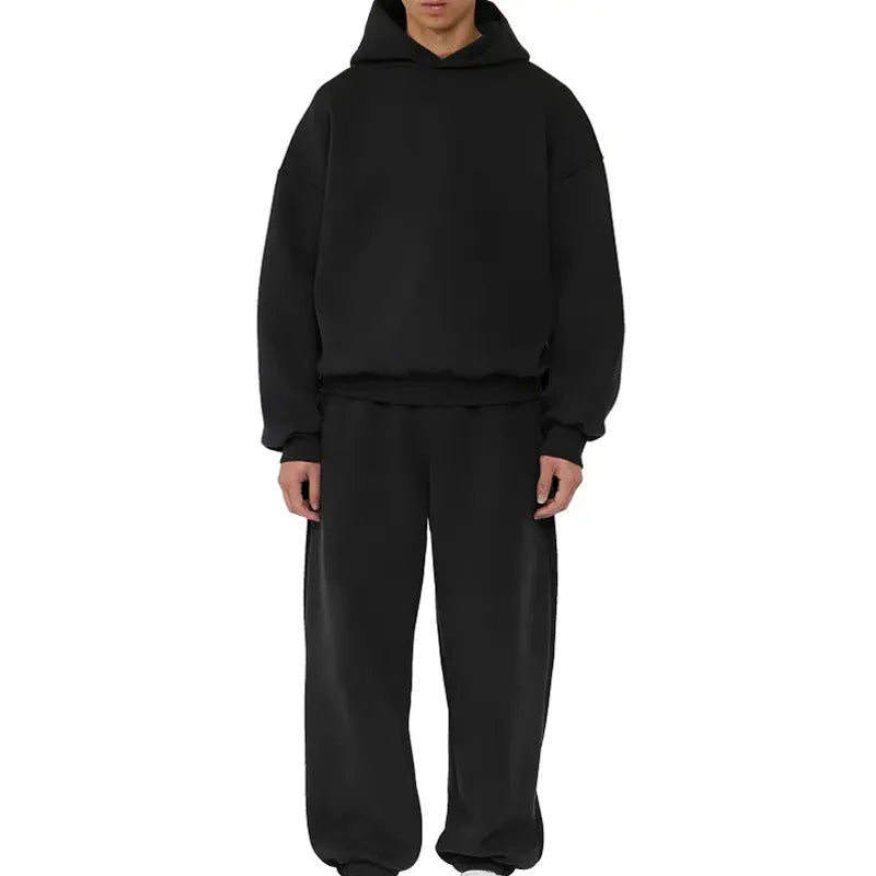 Men's grey fleece-lined cotton hoodie sweater with wool lining, showing pullover design with hood