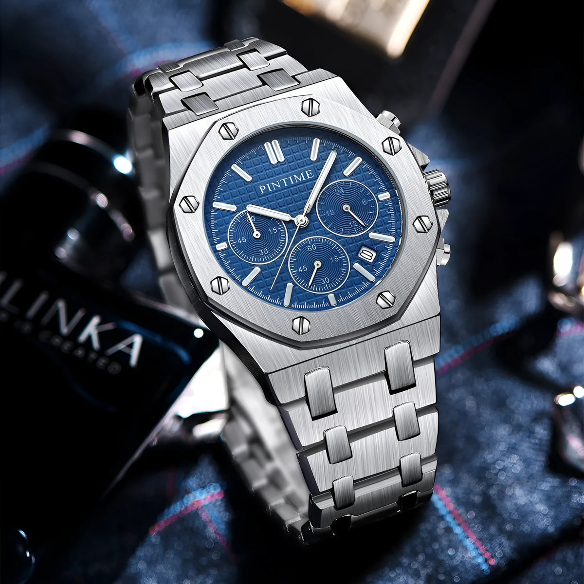 Silver multifunctional six-pin business casual quartz watch with alloy strap, 41.5mm dial, and mineral glass mirror on a flat surface
