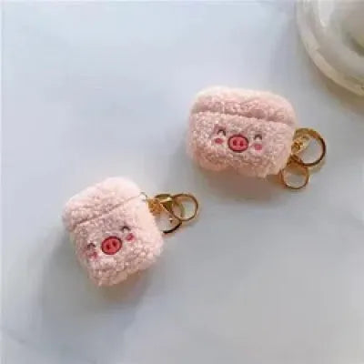 Beige plush pig flannel protective cover with bracelet for AirPods case, cartoon animal design