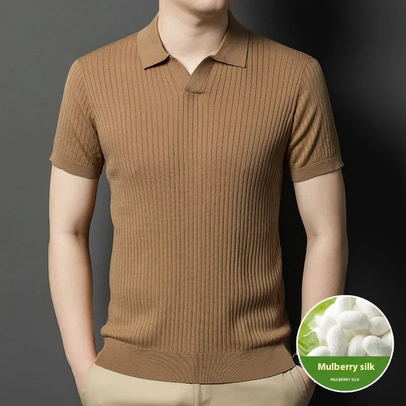 Man wearing a striped mulberry silk T-shirt with a short sleeve and lapel collar.