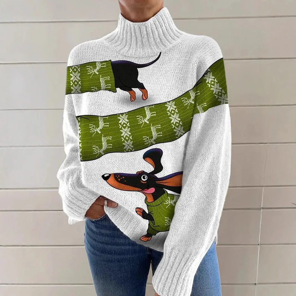 Women's printed Christmas turtleneck sweater in macaron colours with loose fit and long sleeves