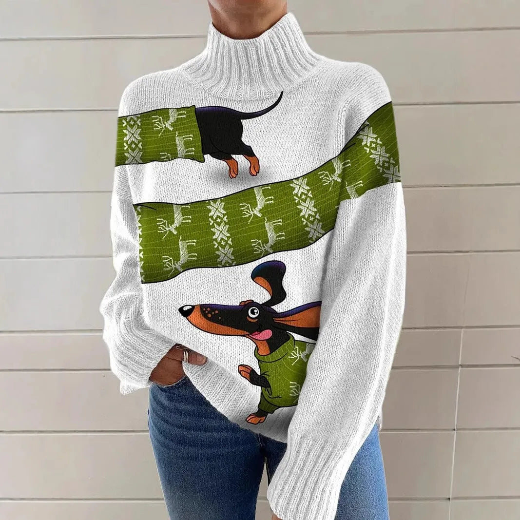 Women's printed Christmas turtleneck sweater in macaron colours with loose fit and long sleeves