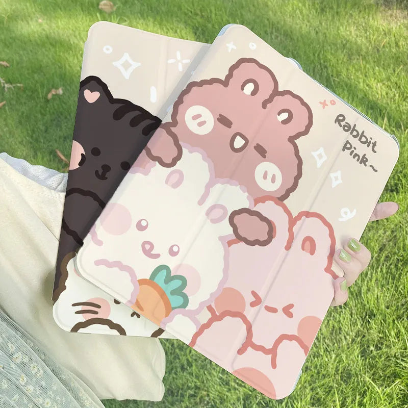 Rabbit cartoon design tri-fold silicone protective case for an iPad tablet, shown in stand mode.
