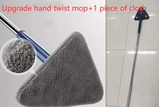 Blue triangle cleaning mop with rotating head and extendable stainless steel pole on a tiled floor