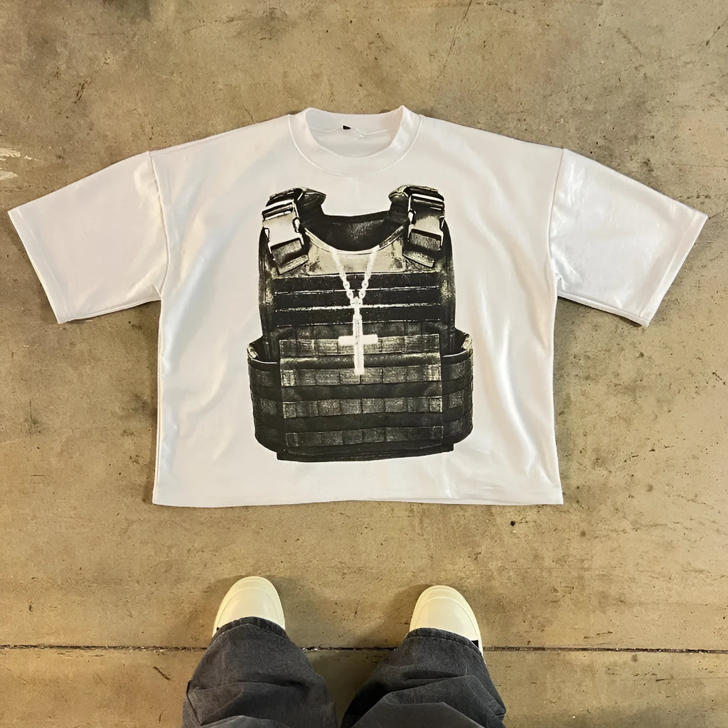 A man's printed short-sleeve cotton T-shirt in a retro street style with a drop-shoulder design.