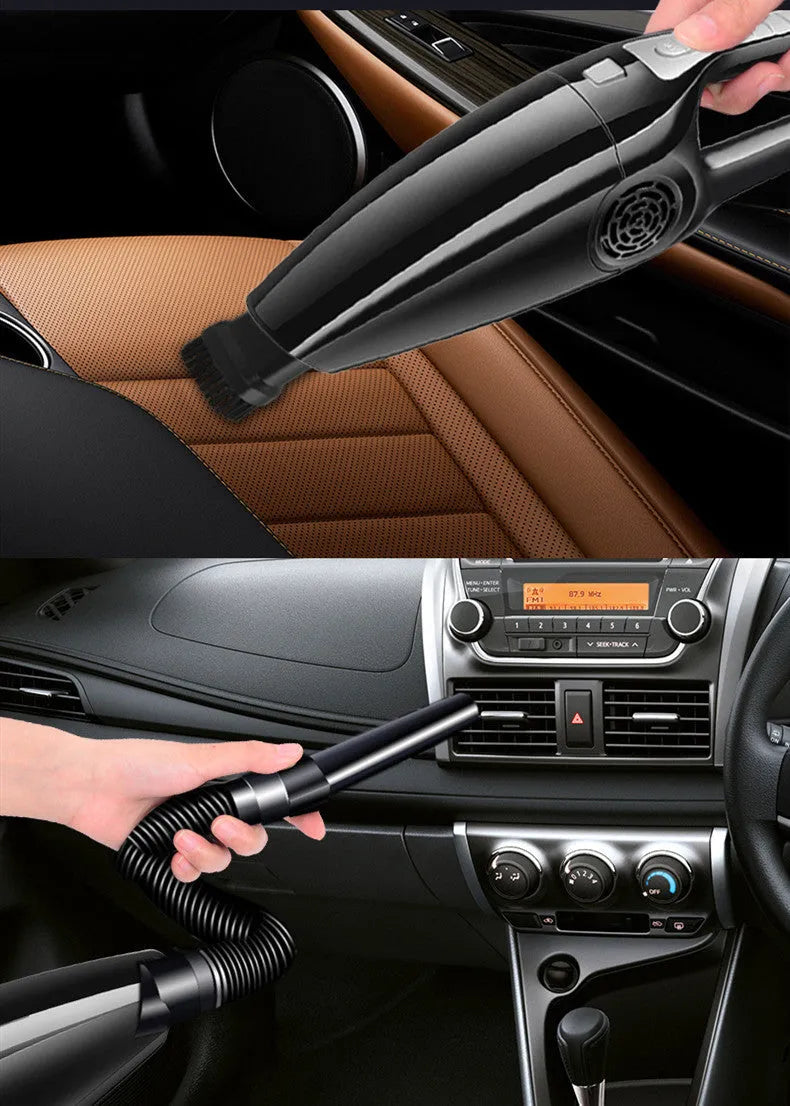 Black and orange car vacuum cleaner with cigarette lighter plug showing dimensions 36cm by 10cm by 13cm