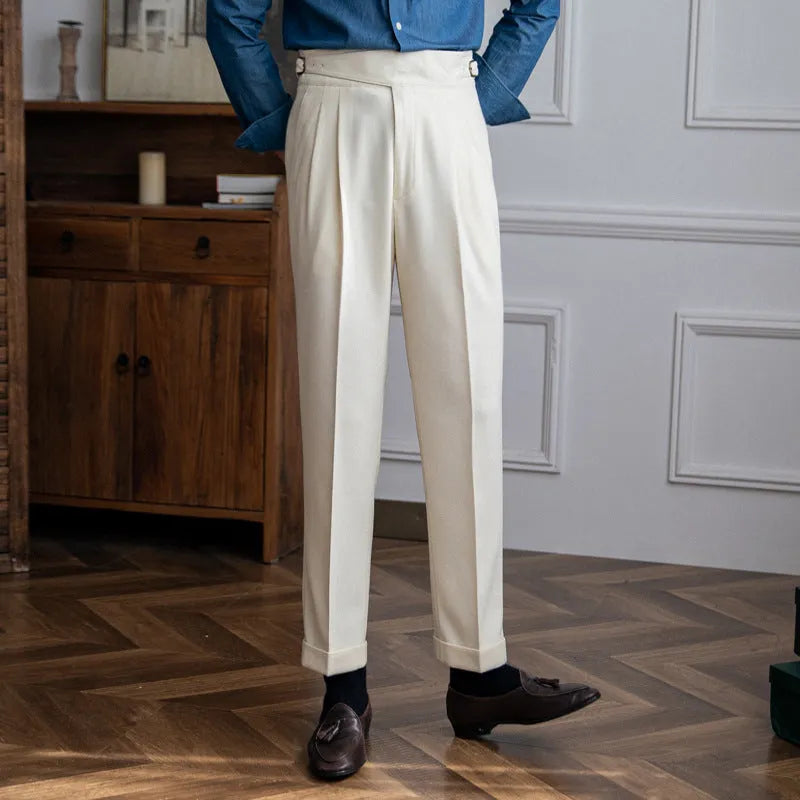 Men's high waist straight leg casual trousers in polyester fabric shown in black colour