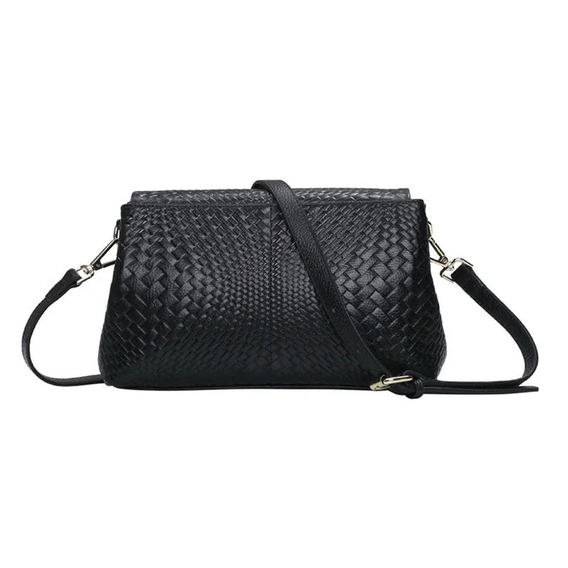 Genuine leather women's woven crossbody bag in black with embossed finish and soft handle