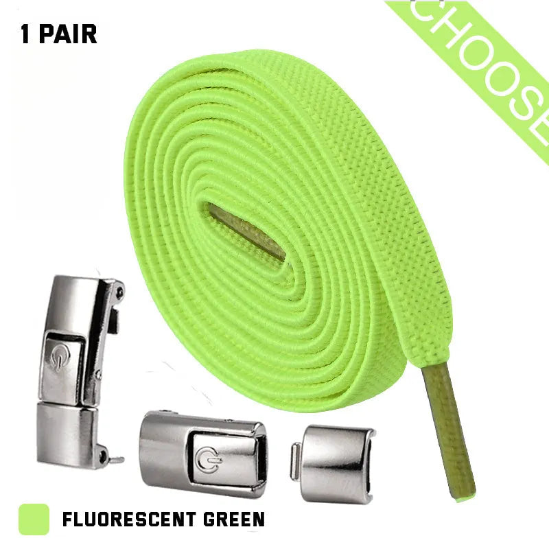 Pair of black 8mm wide flat press lock elastic shoelaces for no-tie fastening on sneakers
