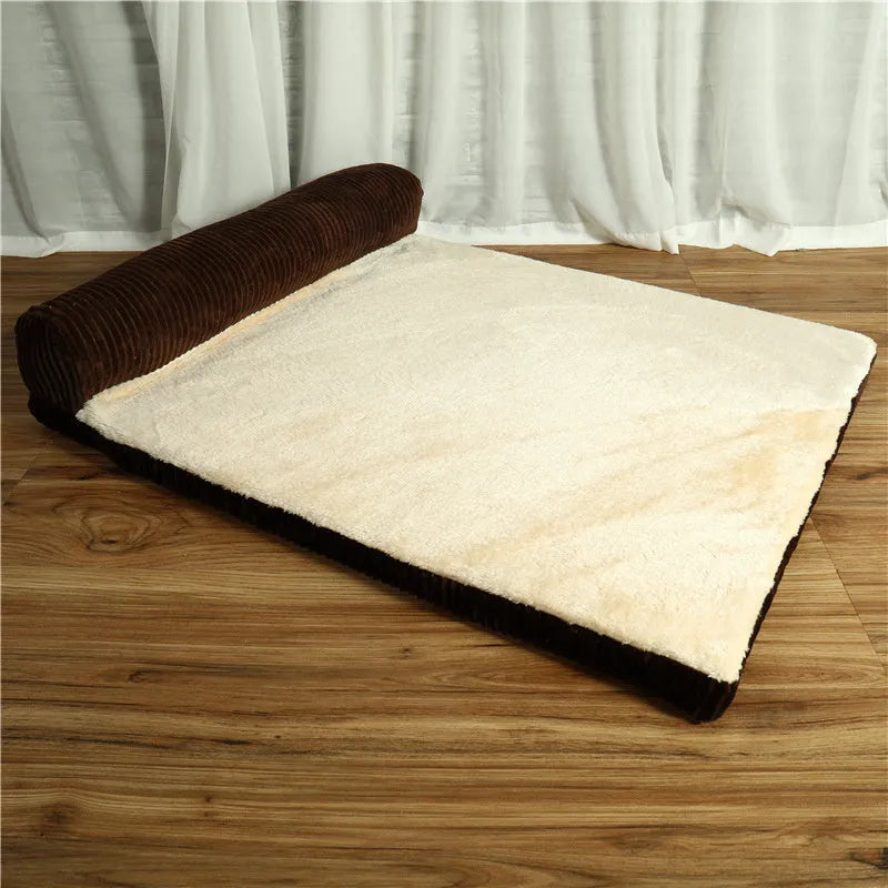 Corduroy dog bed with bolster sides in coffee colour on hardwood floor