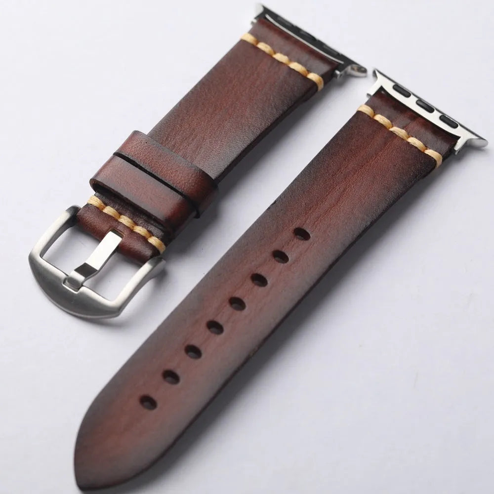 Handmade leather watch strap with stainless steel buckle in black, brown, and red colours