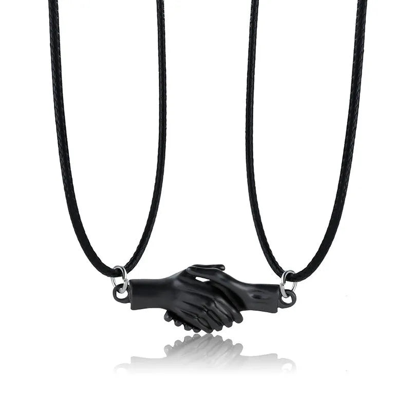 Palm couple magnet necklace with handshake clavicle chain in Korean style alloy geometric pendant white gold platinum black silver matt black