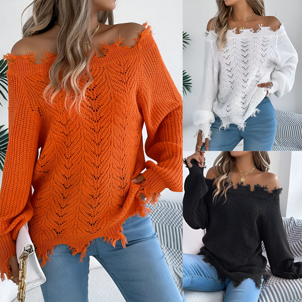 White cut-off-shoulder pullover sweater with hollow-out long sleeves on a mannequin.