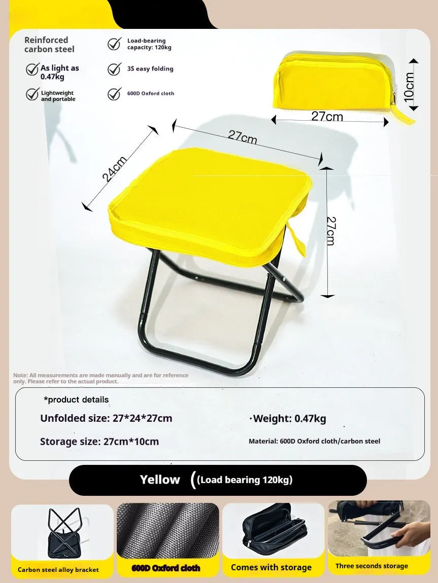 A folded lightweight camp stool with an Oxford cloth seat in a choice of colours.