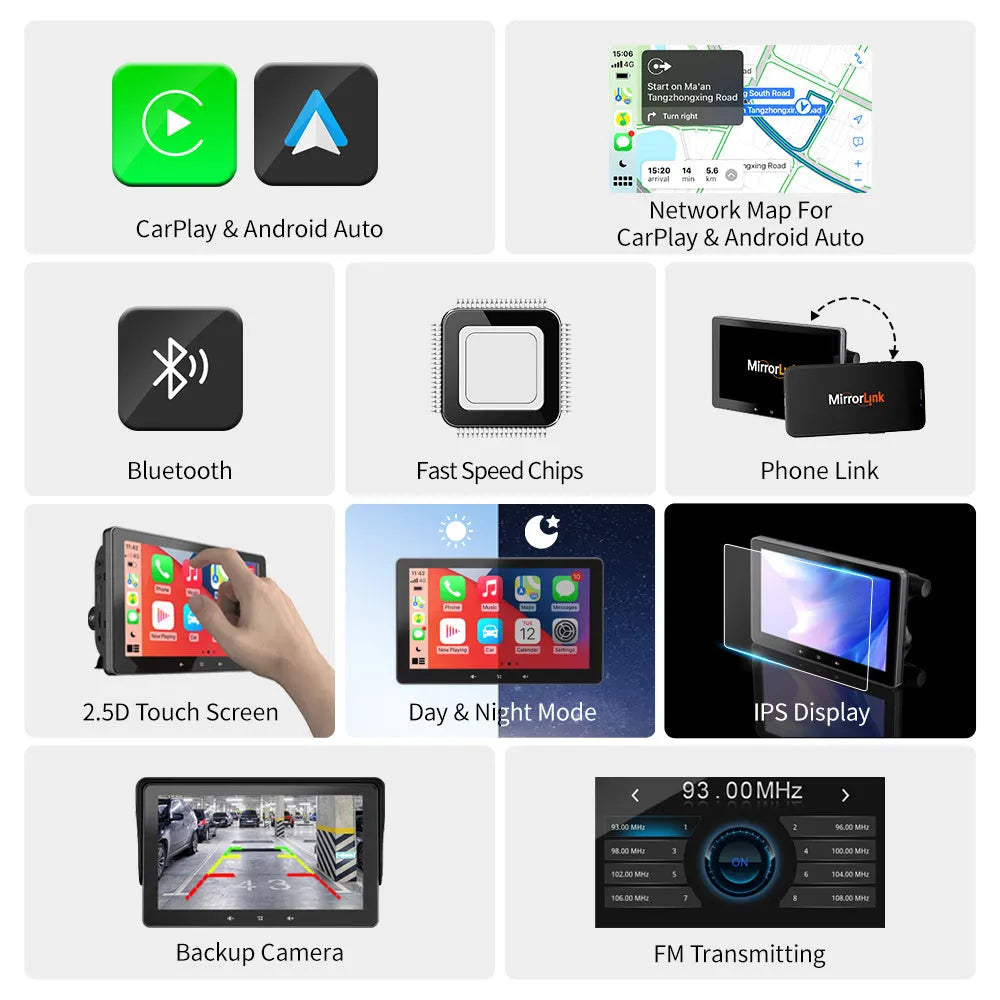 7 inch wireless CarPlay display for cars with a suction cup mount and 12V power cable.