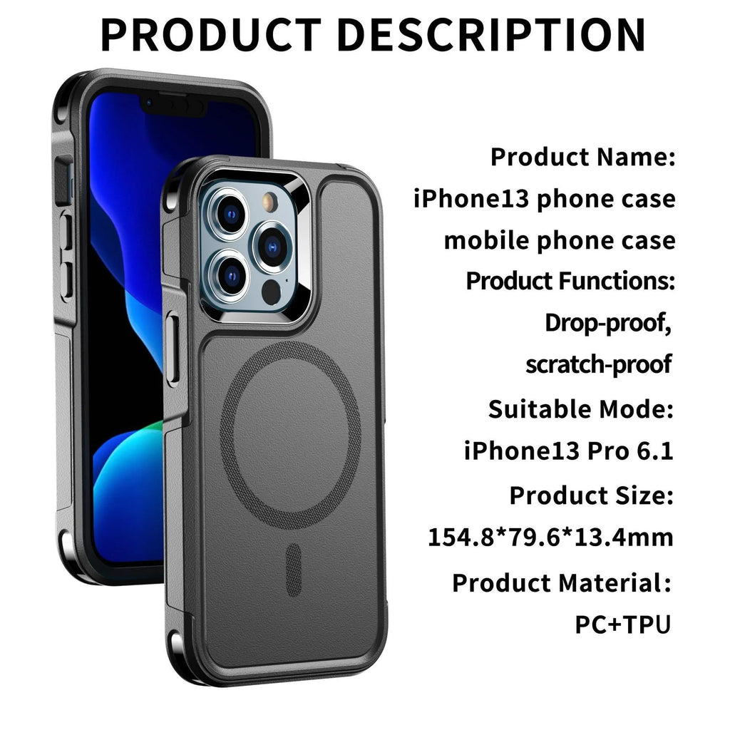 Black shatterproof magnetic back cover phone case for Apple iPhone 12 and iPhone 13 models.
