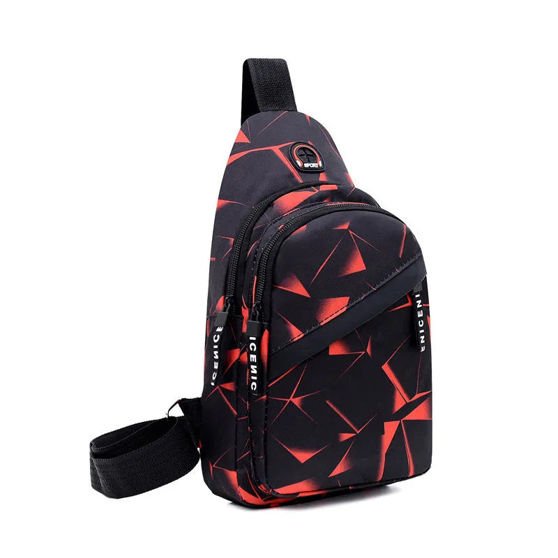 Print sling chest bag with earphone hole design in Oxford cloth, showing zipper opening and square vertical shape