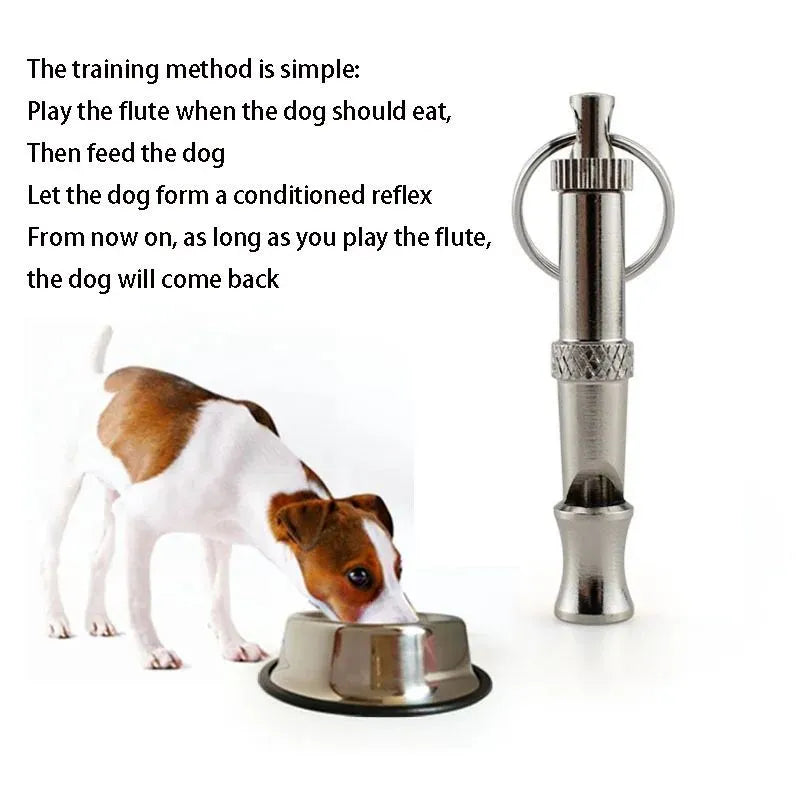 Metallic adjustable ultrasonic dog whistle for training and barking control.