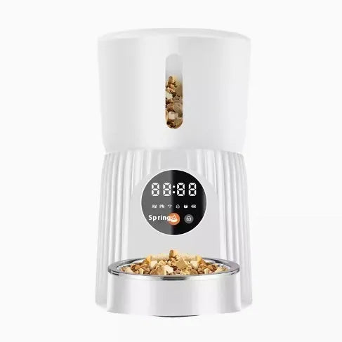 Black and white intelligent pet feeder with automatic timing and quantitative remote control via smartphone app