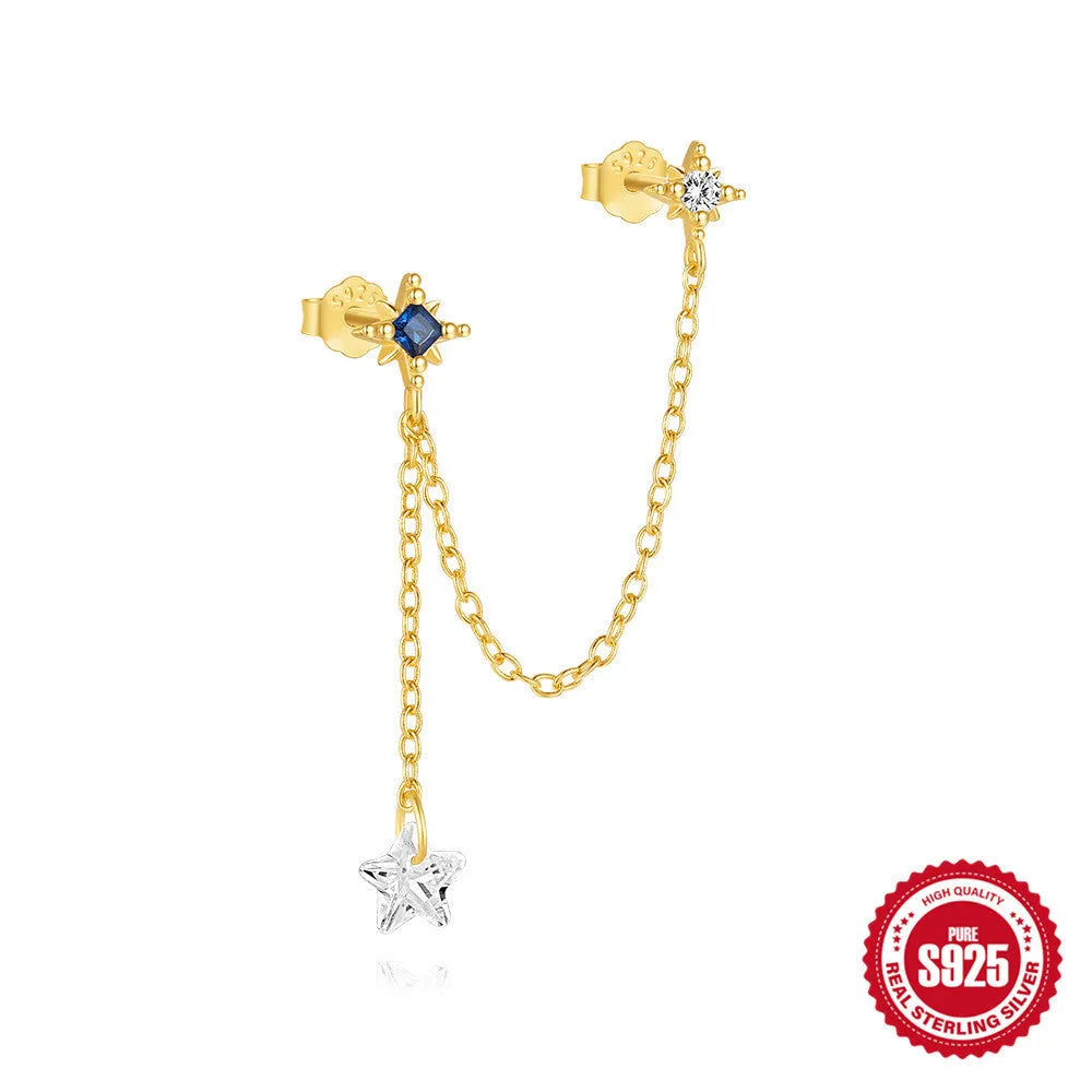 S925 sterling silver stud earring with golden double piercing design and zircon inlaid detail on a white background.