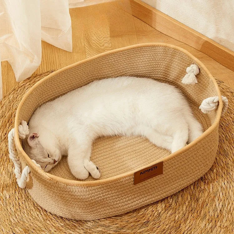 Woven cotton and linen cat nest in medium size with scratch resistant surface, suitable for all seasons